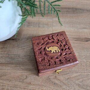 Vintage Hand Carved Wooden Jewelry Box with Brass Elephant Design.